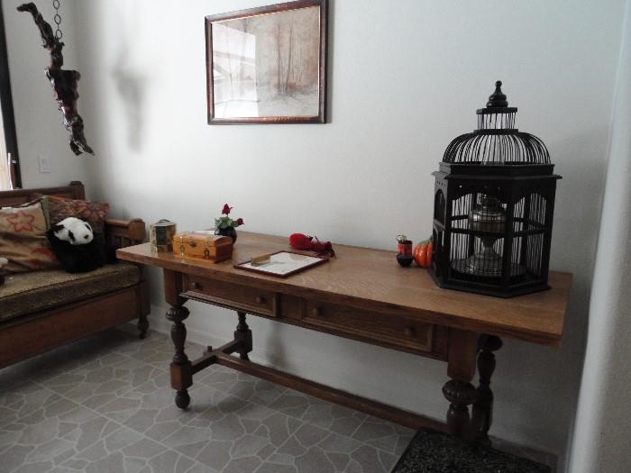 Beautiful Antique Arts and Crafts Era Desk! Several Bird cages in house also 