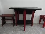 Drop leaf table, several arts and crafts era benches and stools