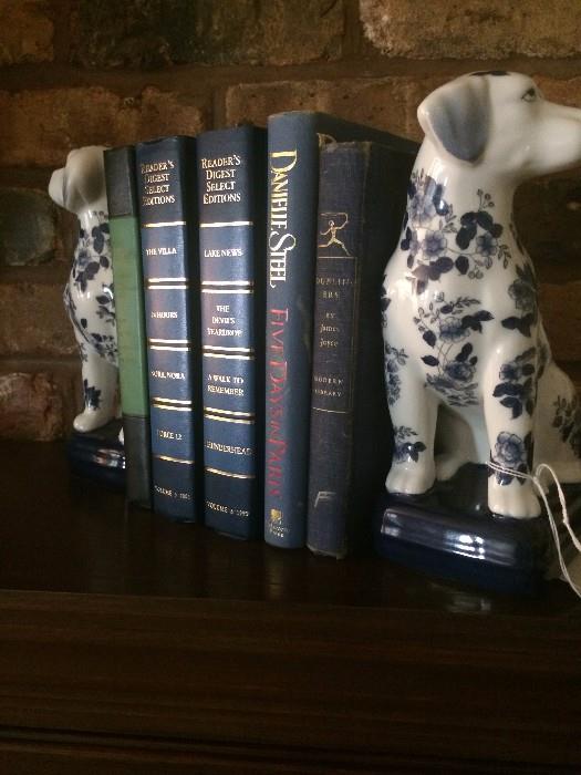           Blue & white items dog bookends