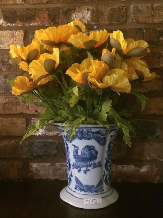       Colorful flowers in blue & white rooster vase