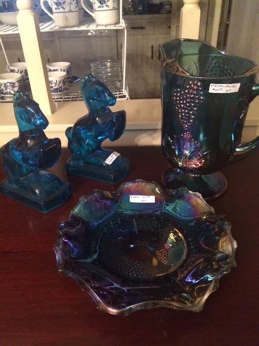         Blue Carnival glass pitcher & bowl