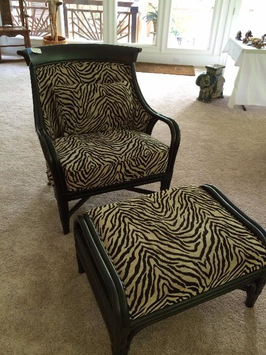 Zebra Print Chair and Ottoman - Cain, Wood, Fabric