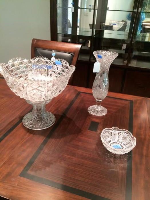 American Brilliant Crystal Punch Bowl, Cups, Vase, Candy/Nut/Fruit Bowl