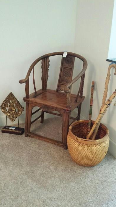 Oriental Wood Chair, Wood Canes, Rattan Basket and Home Decorating items. 