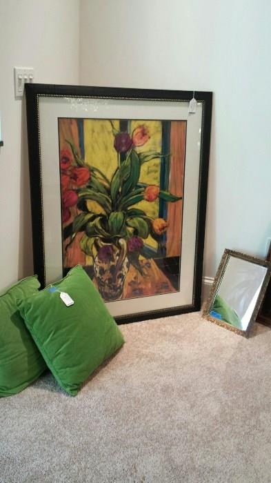 Large Botanical Contemporary Framed Print, velvet pillows, mirrors and more décor.