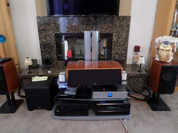 Multiple pieces of electronics, including speakers