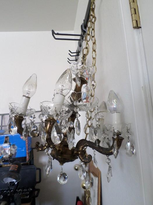 Hanging brass/crystal chandelier