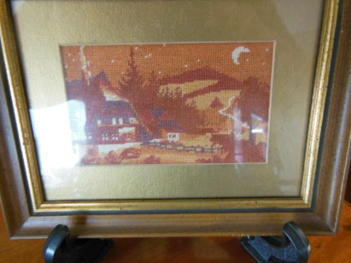 framed antique extremely fine petti point scenes