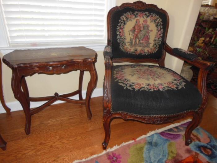 Antique Needle Point Arm Chair & Inlay side Table