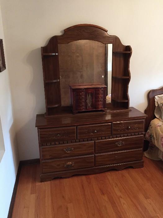 second bedroom set 2 dressers and a bed and mirror with small end table  (5 piece set) 