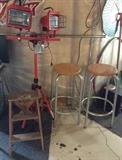 work shop light and 2 of 4 chrome/oak stools