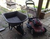lawnmower and wheelbarrow