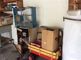 Wagon, shelf, miscellaneous items in garage