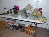 Vintage picnic basket, coffee makers, jars, misc kitchen