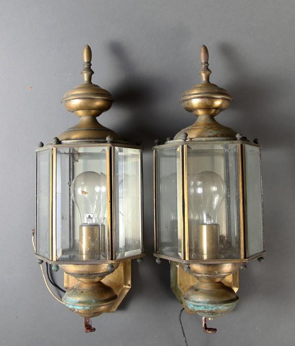 Lot 81:  Pair of Antique Brass Electrified Wall Lanterns
