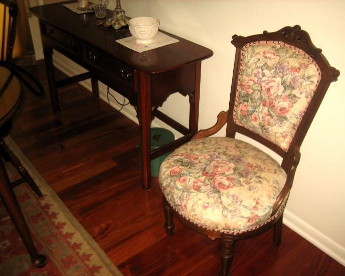 tapestry chair, sofa table. lamp, lamps, bowls, bucket