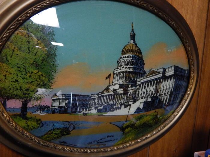 From the early 1900's a reverse painting of the US Capitol.