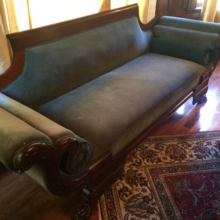 Antique Claw Foot Couch Blue Velvet, Pristine condition!