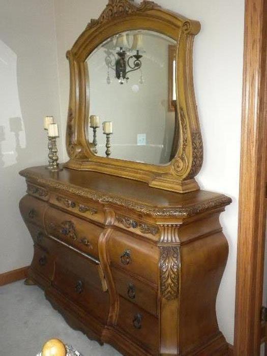 Carved French Pine Dresser with Carved Wood Framed Mirror 