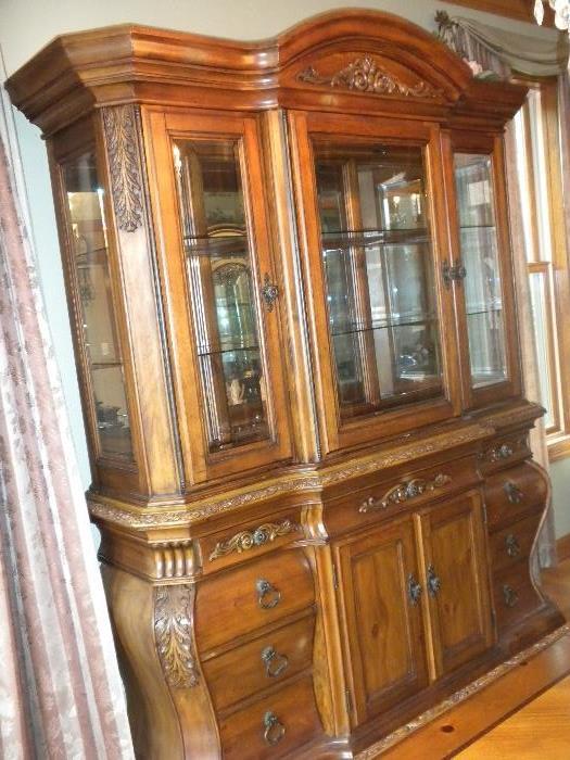 Designer Carved French Pine China Cabinet with Multi-level Lighting