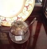 figural sterling leaves lid with matching spoon jelly cut glass jar