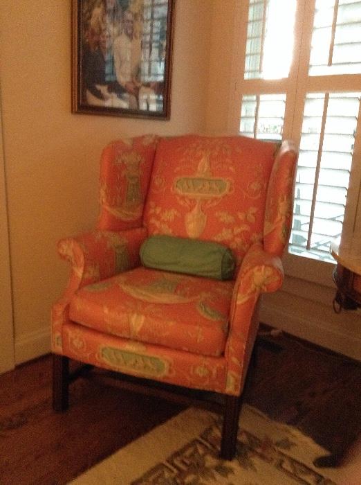 There are a matching pair of these wing back chairs
