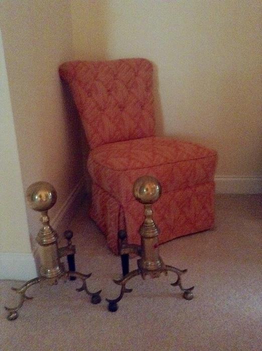 Antique brass andirons & vintage bedroom slipper chair