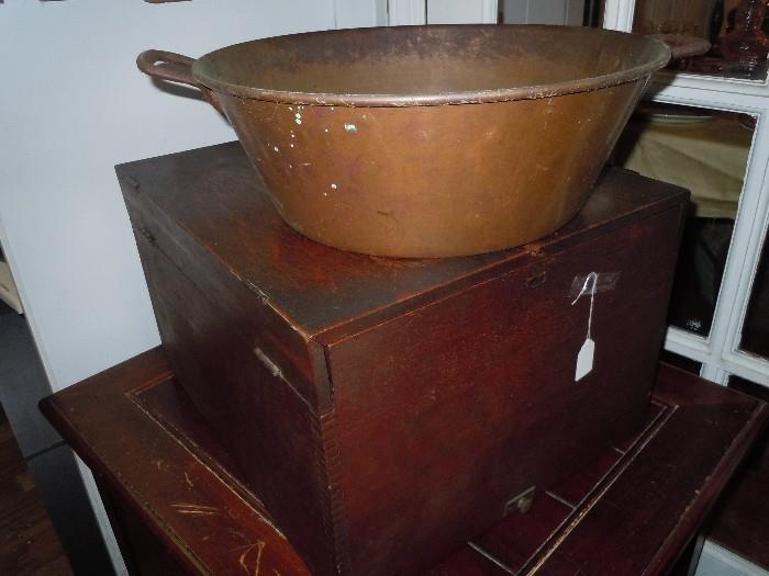 Copper pot, oak filing box