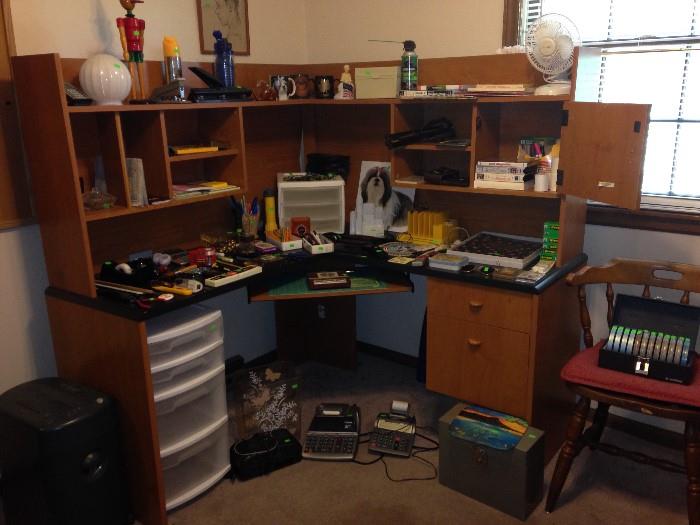 desk, office supplies, paper shredder, reel to reel reels, adding machine