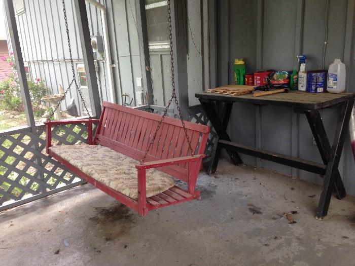porch swing, table, bird bath