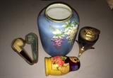 Pipe in case, hand painted Nippon vase, Russian nesting dolls, mid century lighter