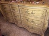 Antique dresser and mirror, two end tables, headboard