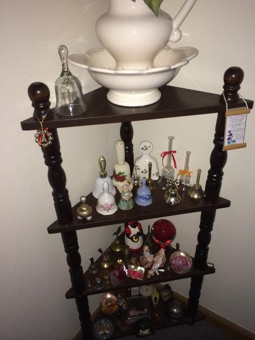 Corner shelf, bell collection, paperweights