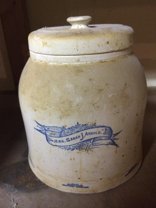 Antique crock with Ladies Name in Blue