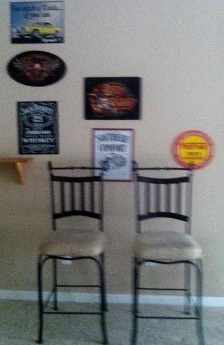 nostalgic wall signs, upholstered stools