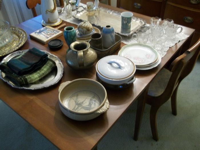 Drop Leaf Dining Room table, Glassware, Silverware, Pottery