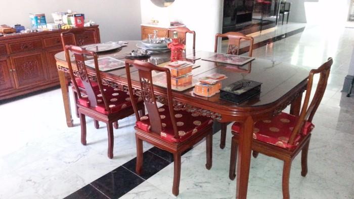 Chinese Lacquered Dining Table for 6, Matching Buffet, Silk Cushions