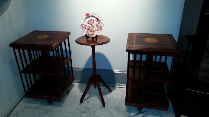Matching Pair of rotating book cabinets, walnut stand, English plate