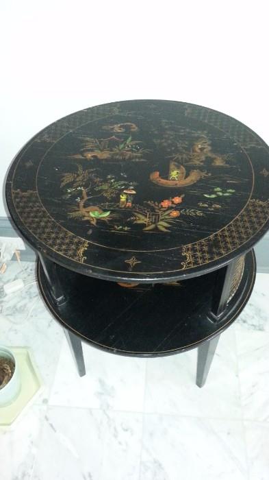 Black painted wood and metal circular side table