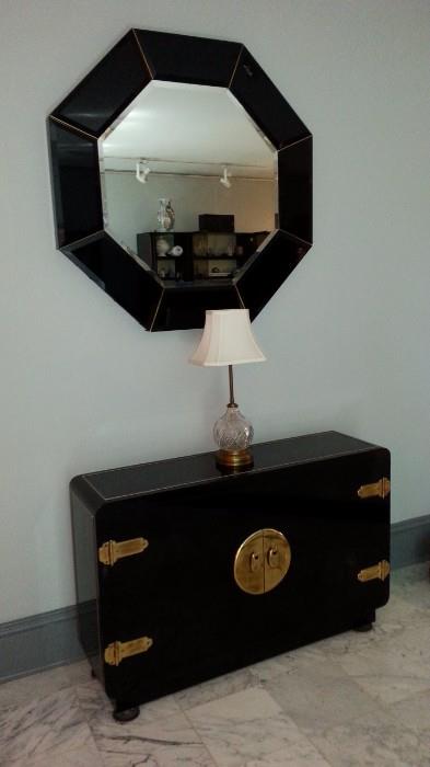 Black Lacquer  and Brass Chinese Campaign Cabinet, black lacquer wall mirror