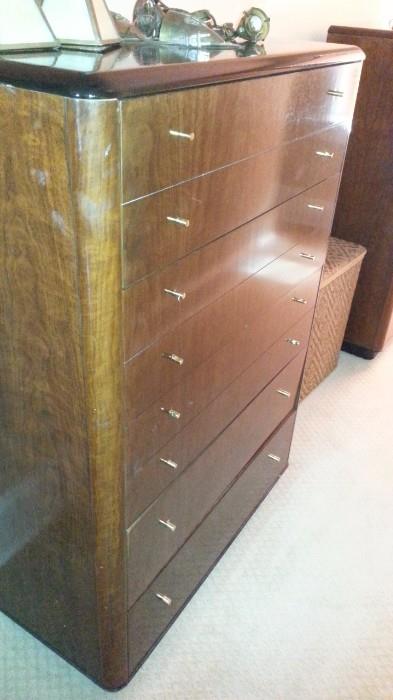 Drexel Art Deco transitional Styled Walnut 8 drawer high chests, chrome knobs