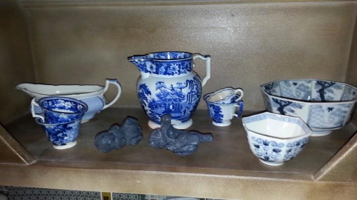 Staffordshire pitcher, cups, Chinese bowls