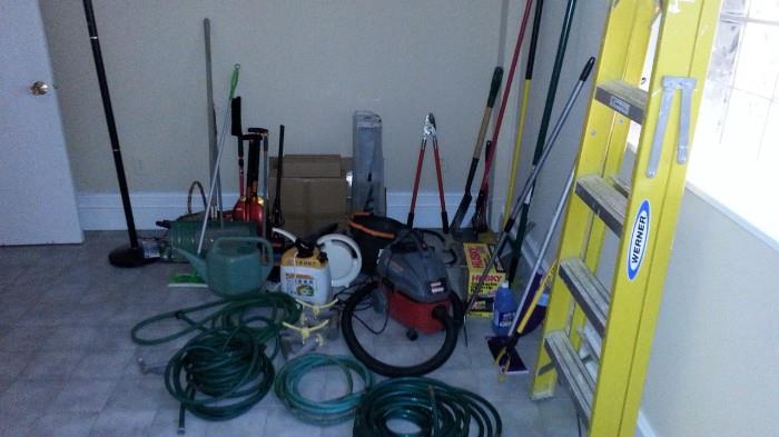 Miscellaneous cleaning supplies, ladder, tools