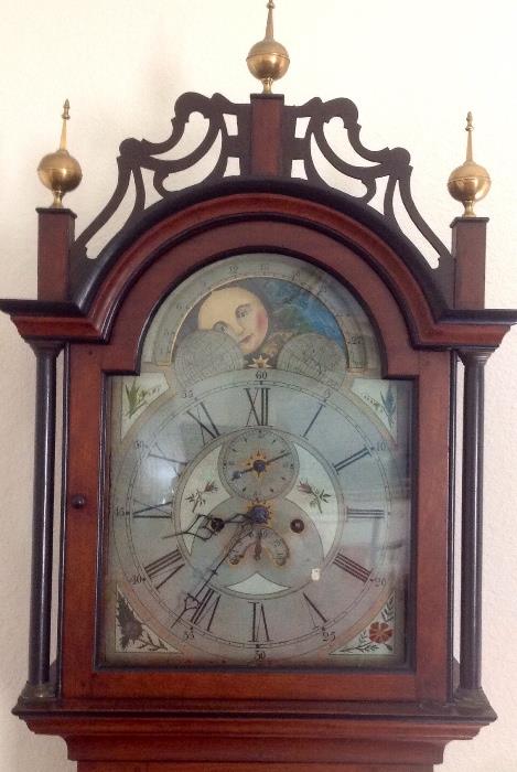 Tall case, grandfather clock, American cherry wood case. (Close up of dial)
