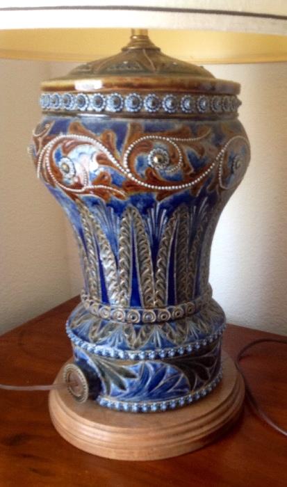 Doulton lambeth stoneware vessel converted to lamp