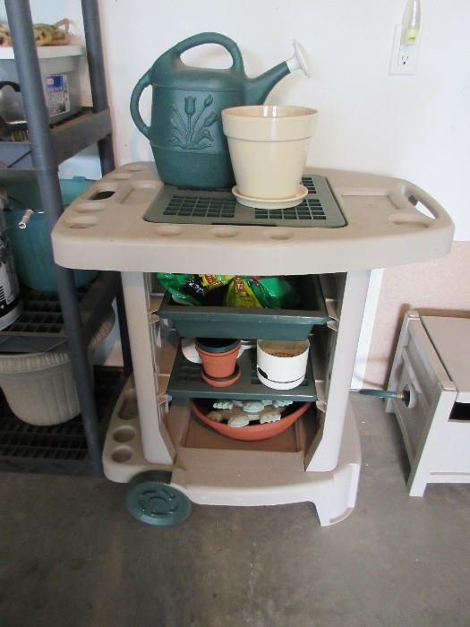 POTTING CART AND MISC POTS & WATERING CANS
