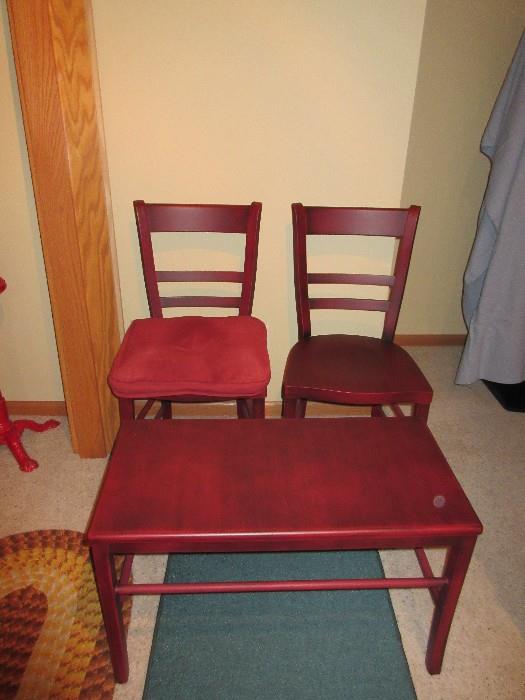 RED SIDE CHAIRS AND RED BENCH