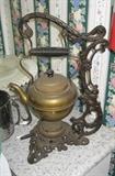 Antique Brass Teapot on Victorian Iron Stand with Original Burner