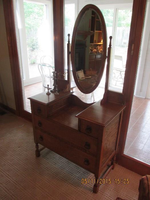 Antique Oak Vanity With Oval Mirror