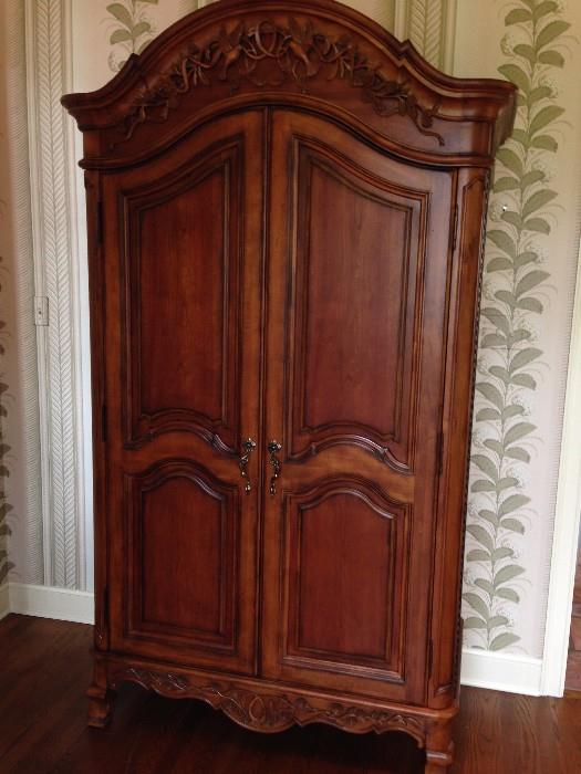 Vera Bradley by Drexel Heritage Hand Carved  Country French Armoire –  cherry,front and back dovetailed drawers, double hinged doors 